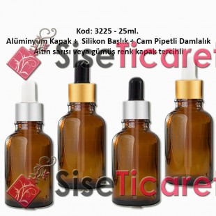 Cam Pipetli Damlalıklı Amber Renk Cam Şişe 25ml Kod: 3225