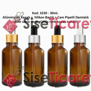 Cam Pipetli Damlalıklı Amber Renk Cam Şişe 30ml Kod: 3230