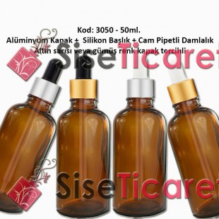 Cam Pipetli Damlalıklı Amber Renk Cam Şişe 50ml Kod: 3050