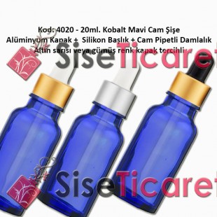 Kobalt Mavi Renk Cam Pipetli Damlalıklı Cam Şişe 20ml Kod: 4020