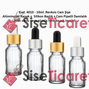 Cam Pipetli Damlalıklı Renksiz Cam Şişe 10ml Kod: 4010