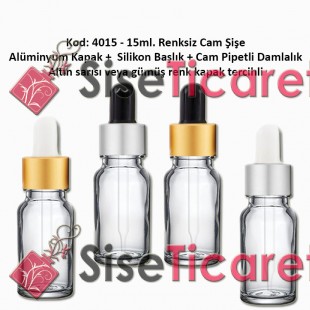 Cam Pipetli Damlalıklı Renksiz Cam Şişe 15ml Kod: 4015