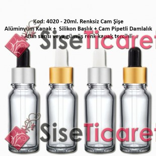 Cam Pipetli Damlalıklı Renksiz Cam Şişe 20ml Kod: 4020