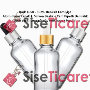 Cam Pipetli Damlalıklı Renksiz Cam Şişe 50ml Kod: 4050