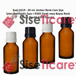 İçten Damlalıklı Tıpalı Amber Cam Şişe 20ml Kod: 3219