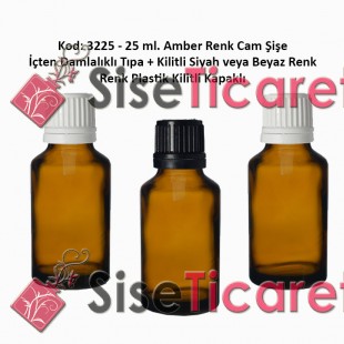 İçten Damlalıklı Tıpalı Amber Cam Şişe 25ml Kod: 3225