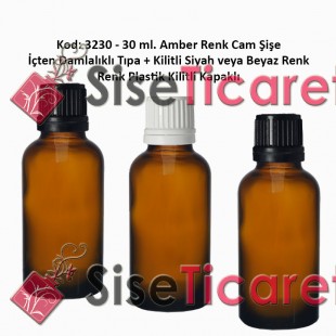 İçten Damlalıklı Tıpalı Amber Cam Şişe 30ml Kod: 3230