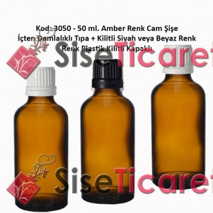 İçten Damlalıklı Tıpalı Amber Cam Şişe 50ml Kod:  3050