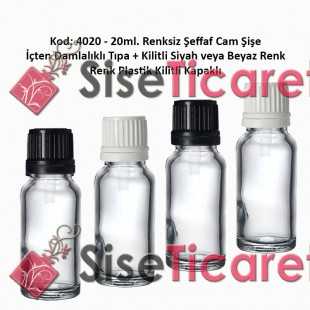 İçten Damlalıklı Tıpalı Renksiz Cam Şişe 20ml Kod: 4020