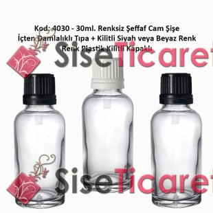 İçten Damlalıklı Tıpalı Renksiz Cam Şişe 30ml Kod: 4030