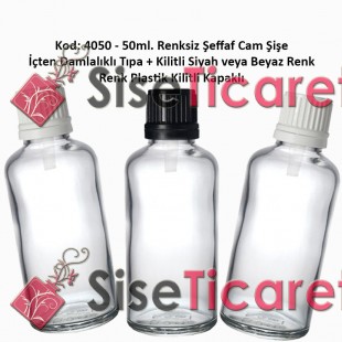 İçten Damlalıklı Tıpalı Renksiz Cam Şişe 50ml Kod: 4050