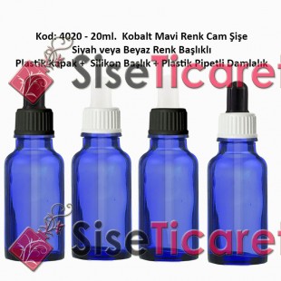 Kobalt Mavi Renk Plastik Pipetli Damlalıklı Cam Şişe 20ml Kod: 4020