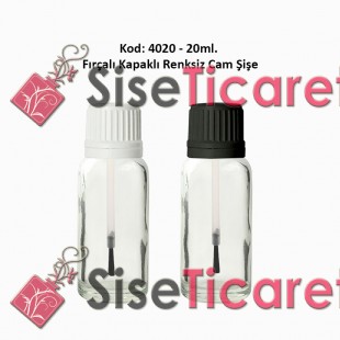 20ml. Renksiz Cam Şişe Fırçalı Kapaklı Kod 4020