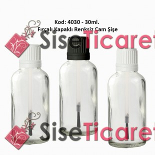 30ml. Renksiz Cam Şişe Fırçalı Kapaklı  Kod 4030