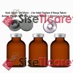 20/25ml. Flakon Amber Cam Şişe + Stoper + Alüminyum Kapsül Kapak