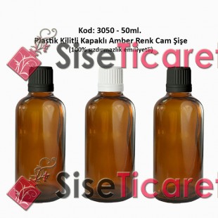 Kilitli Kapaklı Amber Cam Şişe 50ml Kod:  3050