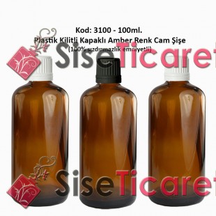 Kilitli Kapaklı Amber Cam Şişe 100ml Kod: 3100