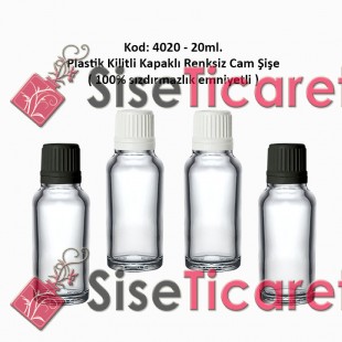 Kilitli Kapaklı Renksiz Cam Şişe 20ml Kod: 4020