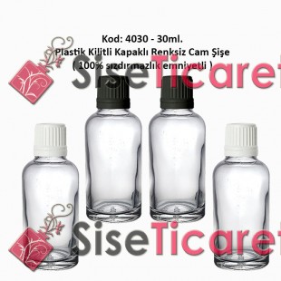 Kilitli Kapaklı Renksiz Cam Şişe 30ml Kod: 4030