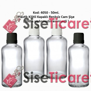 Kilitli Kapaklı Renksiz Cam Şişe 50ml Kod: 4050