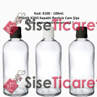 Kilitli Kapaklı Renksiz Cam Şişe 100ml Kod: 4100