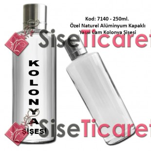 250 ml Yassı Cam Kolonya Şişesi Özel Metal Kapaklı Kod 7140